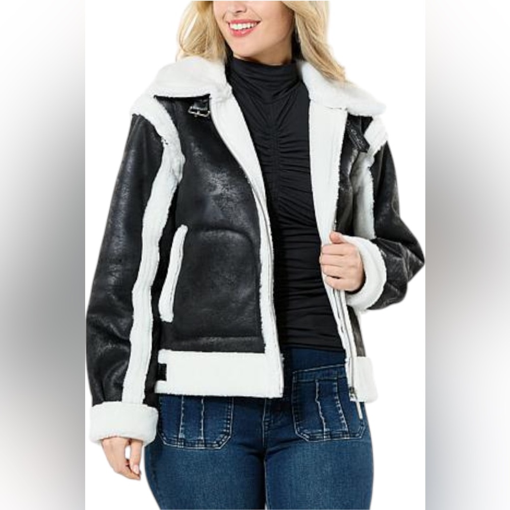 G by Giuliana White Black Faux Suede Shearling Zip Oversized Moto Jacket Coat
